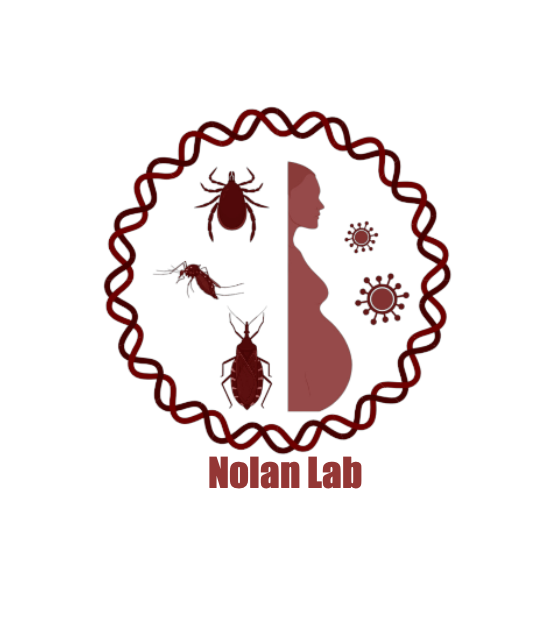 Logo of the Nolan lab showing the silhouettes of a mosquito, a tick, a kissing bug, a pregnant person, and a few viral particles in a circular array bordered by looping double stranded nucleic acid. Text at the bottom reads "Nolan Lab"