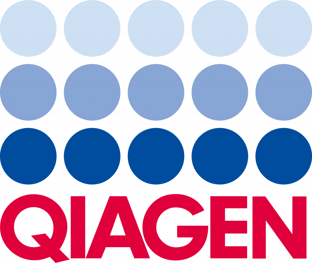 QIAGEN logo, featuring three rows of circular dots that transition from light blue at the top to dark blue at the bottom, with the word “QIAGEN” in bold red lettering centered underneath the dots.