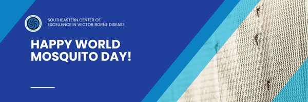 Blue banner with a close‑up view of a light‑colored mesh or fabric surface with several mosquitoes resting on it. Text says "Happy world mosquito day!"