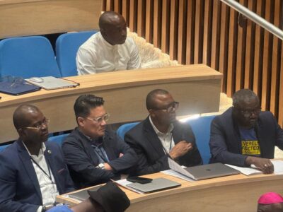 Dr. Rhoel Dinglasan in a One Health Genomics Symposium in Nigeria in 2024. Next to three collaborators, left to right: Dr. Placide Mbala (DRC), Dr. Charles Wondji (CAMEROON) and Dr. Christian Happi (NIGERIA).